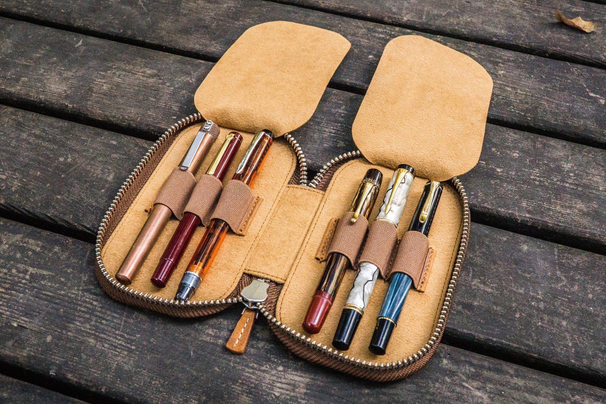 Leather Zippered 6 Slots Pen Case - Crazy Horse Brown-Galen Leather